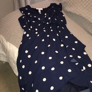 Navy & white polka dot faux wrap dress